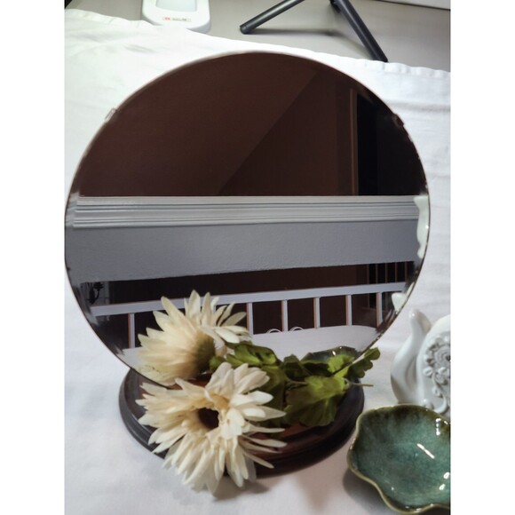 Vintage Round Mirror on Wood Base 12" Beveled Vanity Decor Rustic Accent - Picture 1 of 9